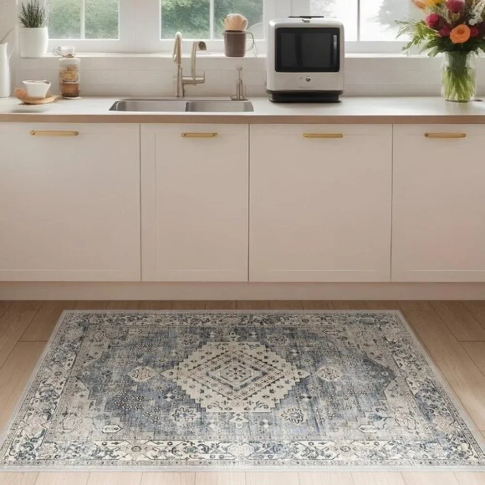 New 2x3 Blue Beige Rug, Washable Vintage Low Pile Non-Slip Carpet for Entryway